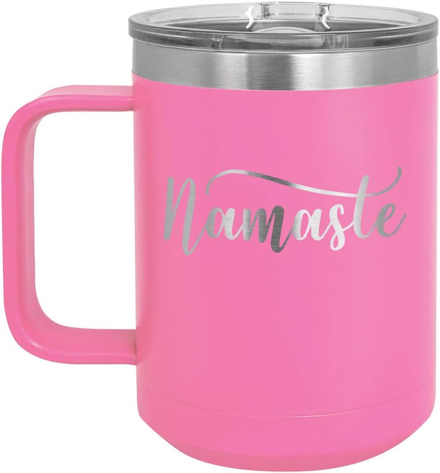 NAMASTE Taza de café de 15 oz con tapa deslizante  Taza de café de viaje aislada  Ideas de regalo de cumpleaños o Navidad de mujeres o hombres