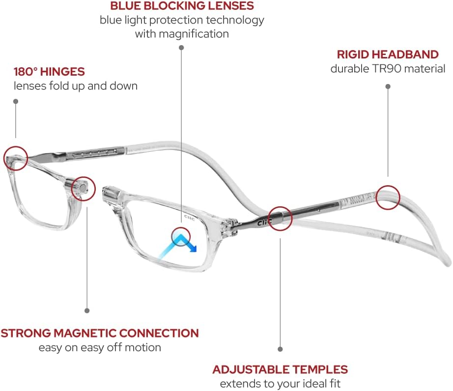 Clic Lentes de lectura magnéticos con bloqueo de luz azul, lectores de computadora con patillas ajustables, originales (tamaño pequeño-mediano)