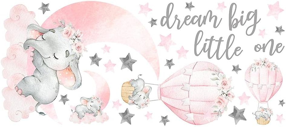 Calcomanías de pared de elefante, luna rosa, estrella, globo de aire caliente, calcomanías de animales para niños, guardería, dormitorio, decoración