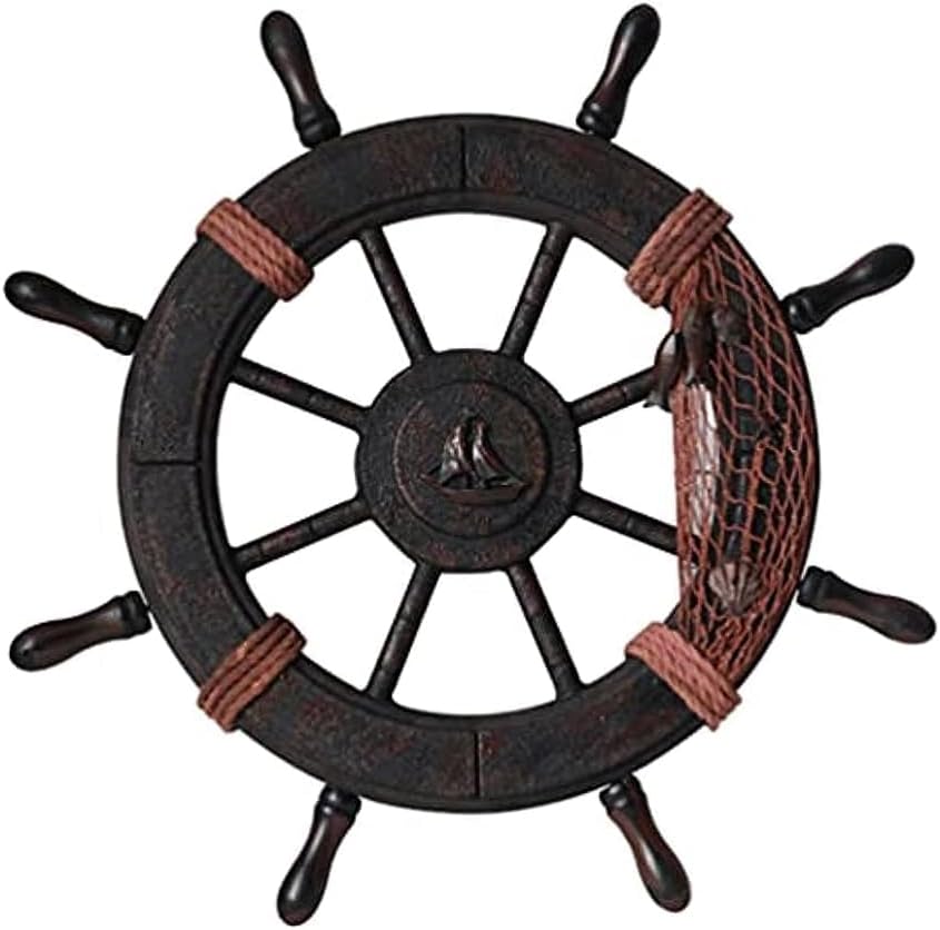 RCFINE Rueda de barco de madera, decoración de pared mediterránea, decoración de rueda de barco náutico, arte de pared para decoración de baño,