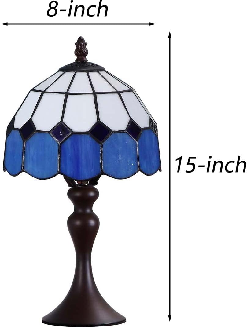 Bieye L10468 Lámpara de mesa pequeña con pantalla de 8 pulgadas de ancho, estilo mediterráneo, estilo Tiffany, color azul marino