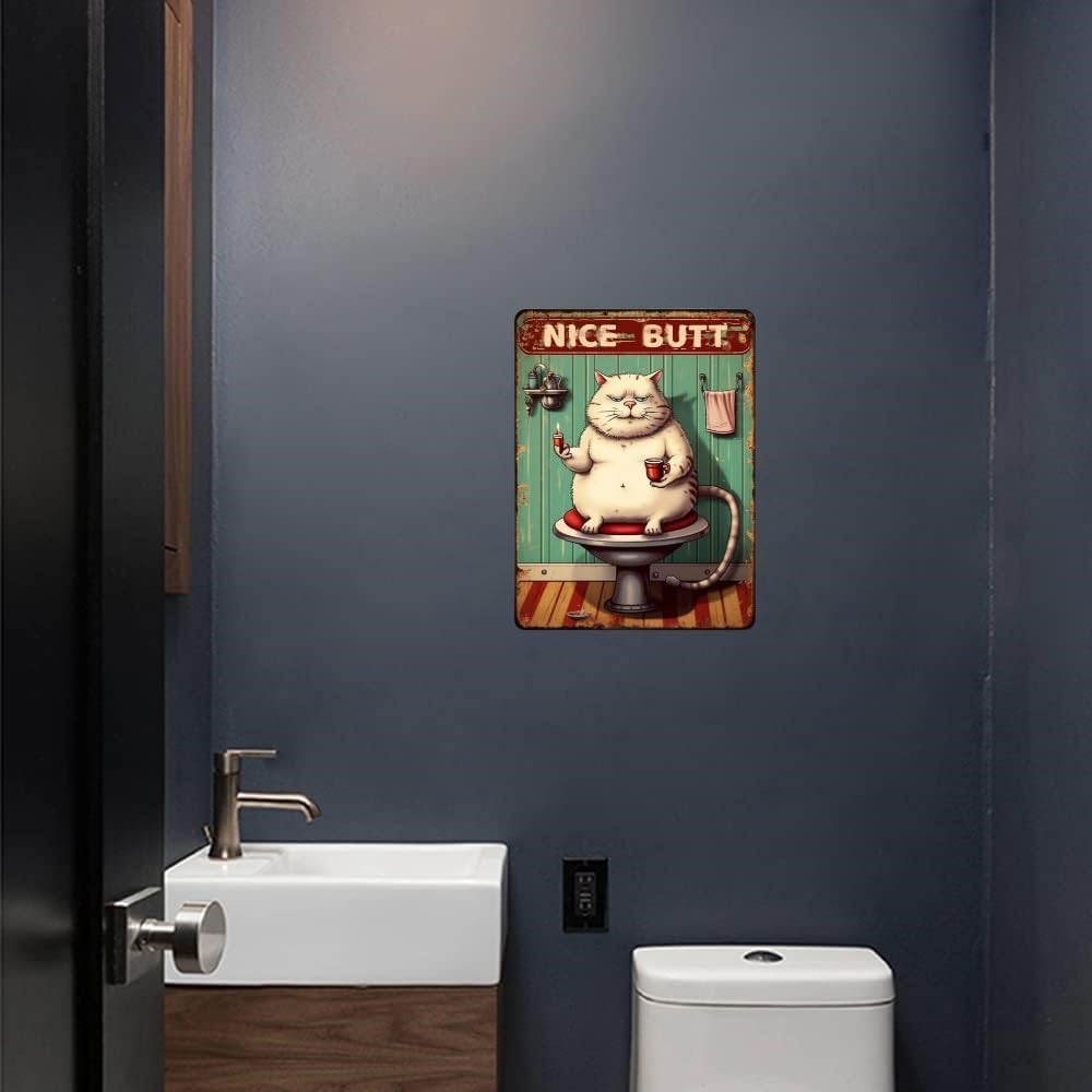 Cartel de metal vintage con texto en inglés “Nice Butt”, diseño de gato gordo blanco para decoración de baño, 12 x 8 pulgadas