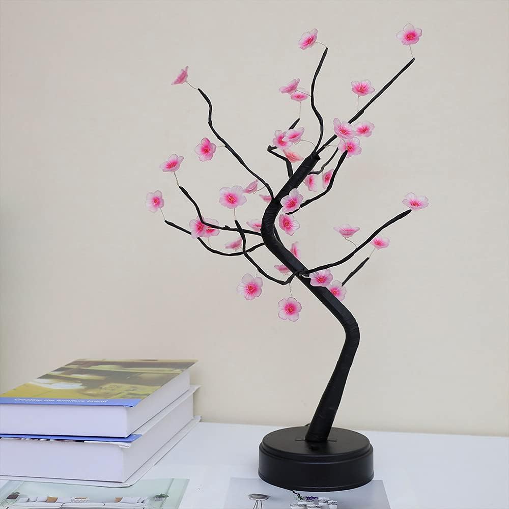 HoldOneLight Lámpara de luz de árbol bonsái de flor de cerezo, 36 LED, lámpara de árbol de decoración japonesa, batería y enchufe USB, lámpara de