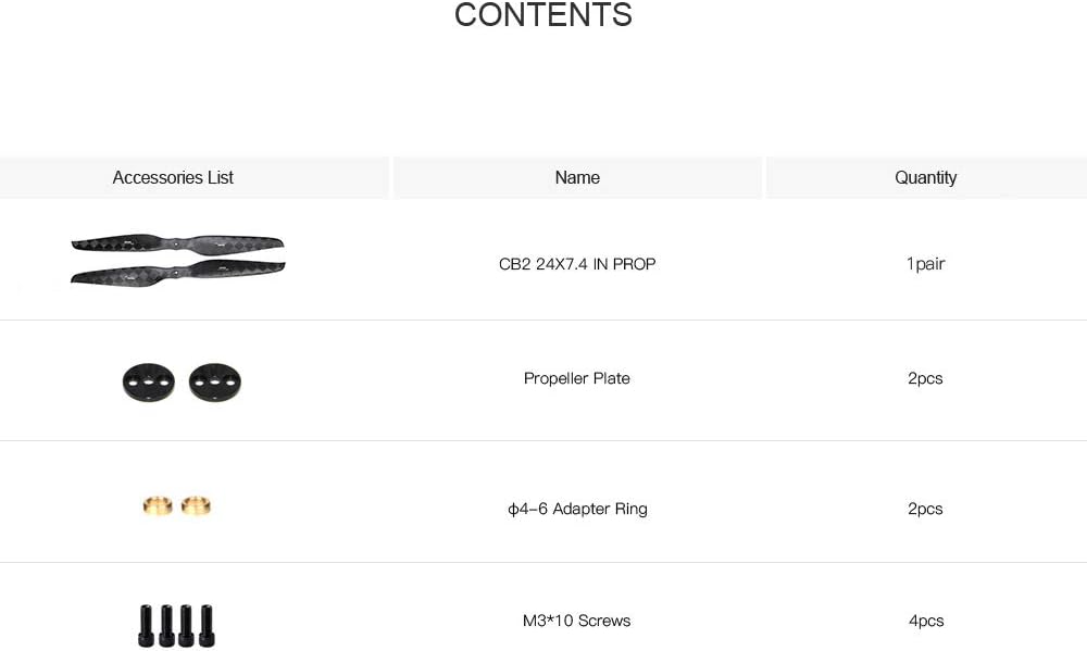 Fluxer CB2 24X7.4 pulgadas PROP-D10-D20 (M3X4) MAD COMPONENTS Hélice ultraligera de fibra de carbono mejorada para el dron, multirotor Quadcopter,