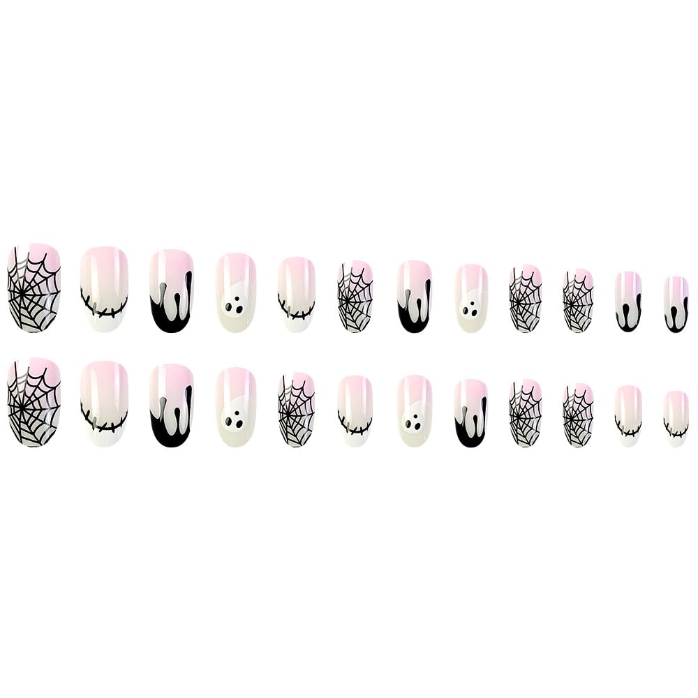 Uñas postizas cortas a presión con puntas francesas negras de Halloween, tela de araña, almendra, acrílicas, fantasma, cobertura completa, uñas