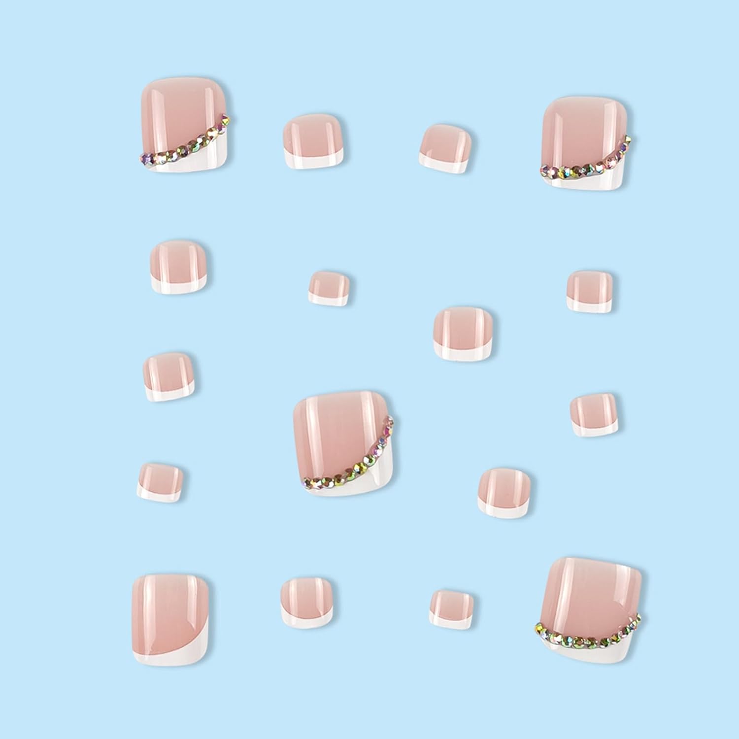 Uñas postizas de punta francesa a presión, uñas postizas cuadradas cortas con diseño de diamantes de imitación blancos, uñas acrílicas para uñas de
