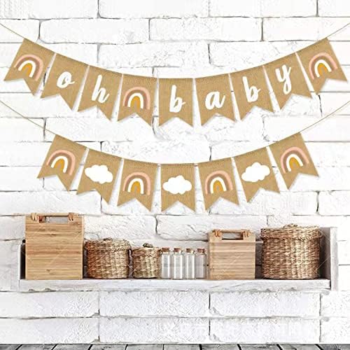Cartel de arpillera Oh Baby Rainbow Banner ensamblado rústico bohemio para baby shower, guirnalda decorativa