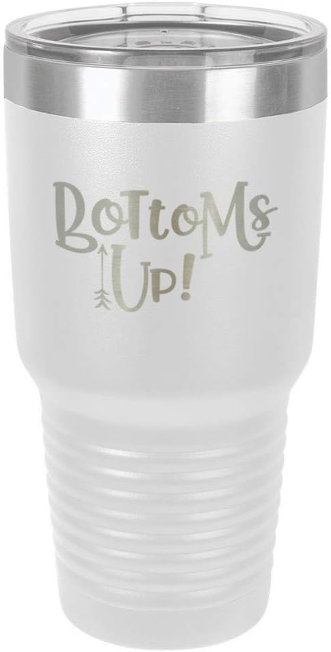 BOTTOMS UP Vaso blanco de 30 onzas con popote y tapa superior deslizante  Taza de viaje de acero inoxidable  Comparar con Yeti Rambler