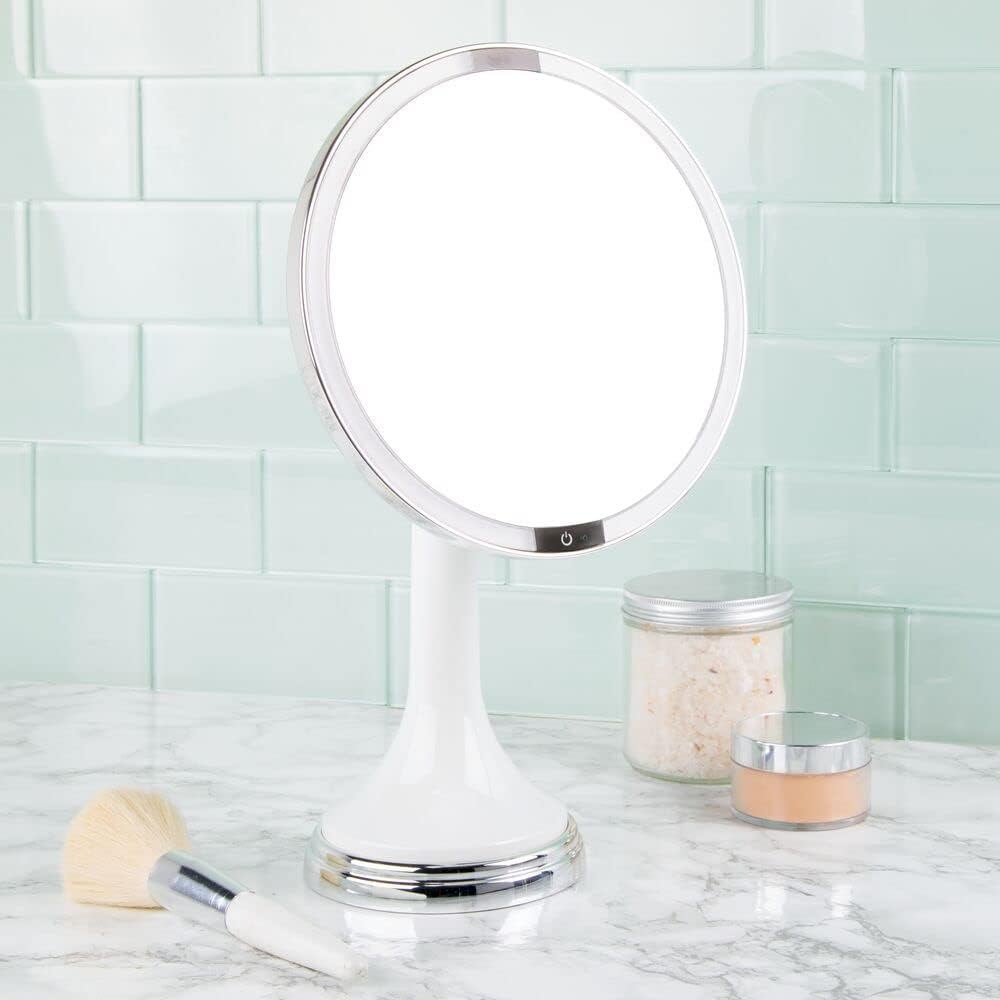 mDesign Espejo de tocador de baño con sensor de movimiento moderno con luz LED, redondo grande de 8 pulgadas, aumento 3X, manos libres, recargable e