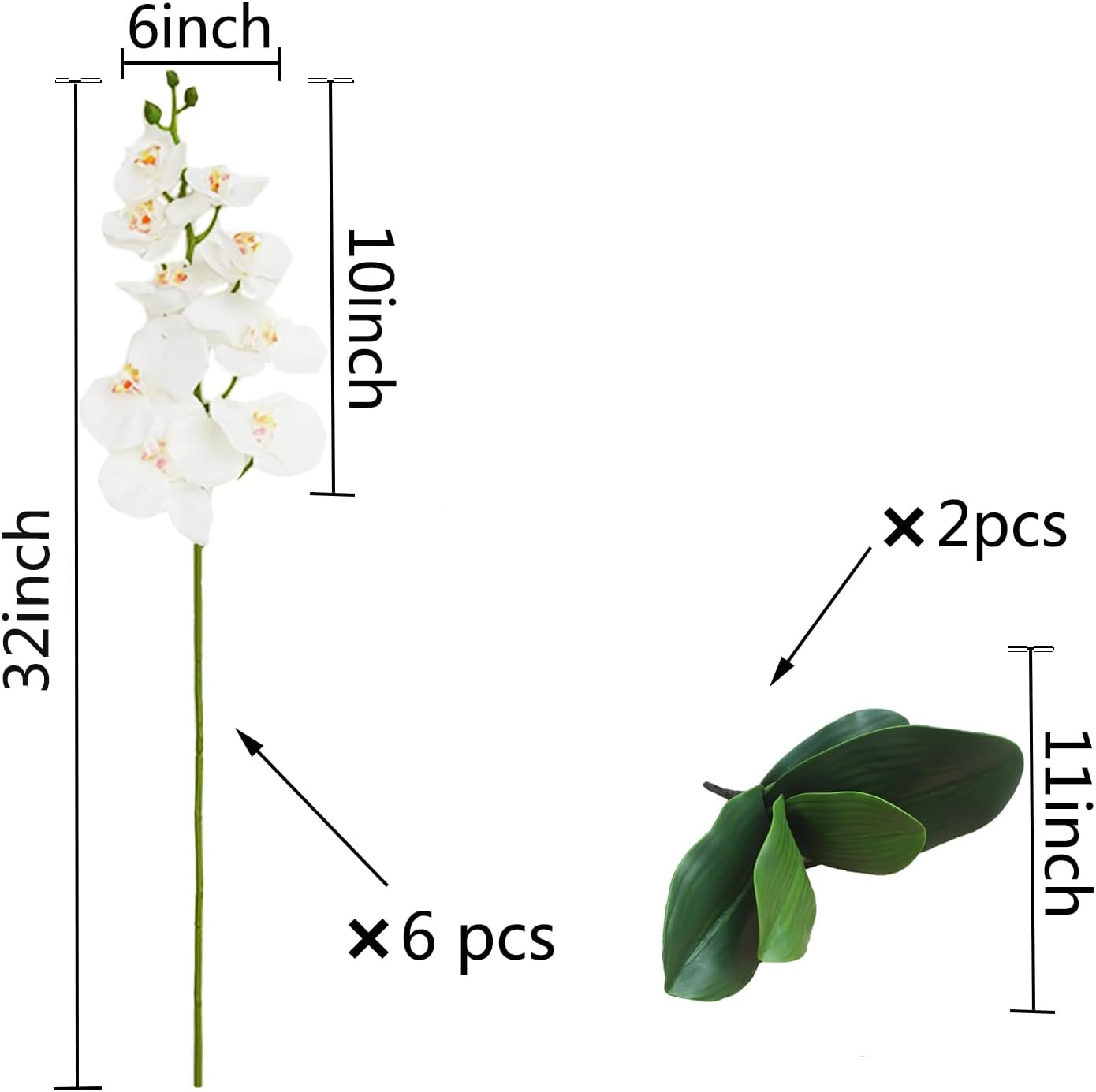 6 flores artificiales de Phalaenopsis con orquídeas falsas, plantas de tallo con 2 hojas para decoración (blanco)