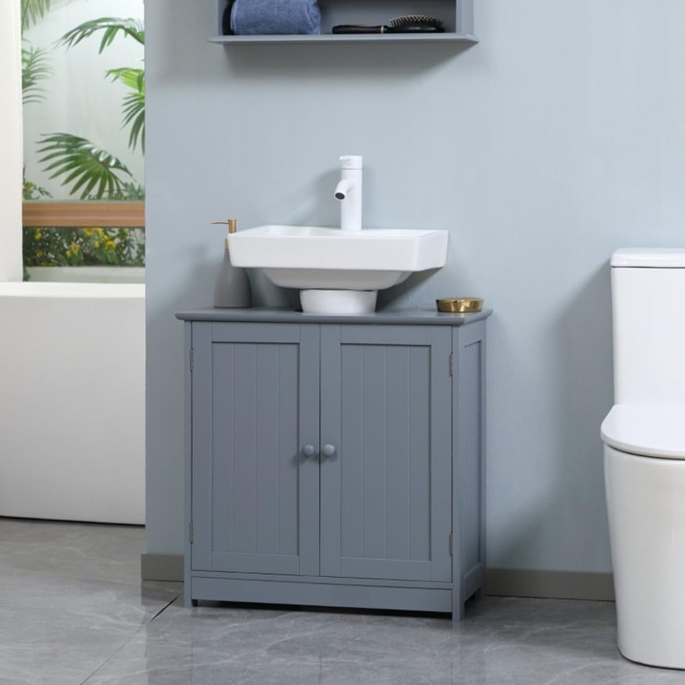 SSLine Armario de tocador para debajo del fregadero, gabinete de lavabo de baño con orificio para pedestal, armario de almacenamiento de baño blanco