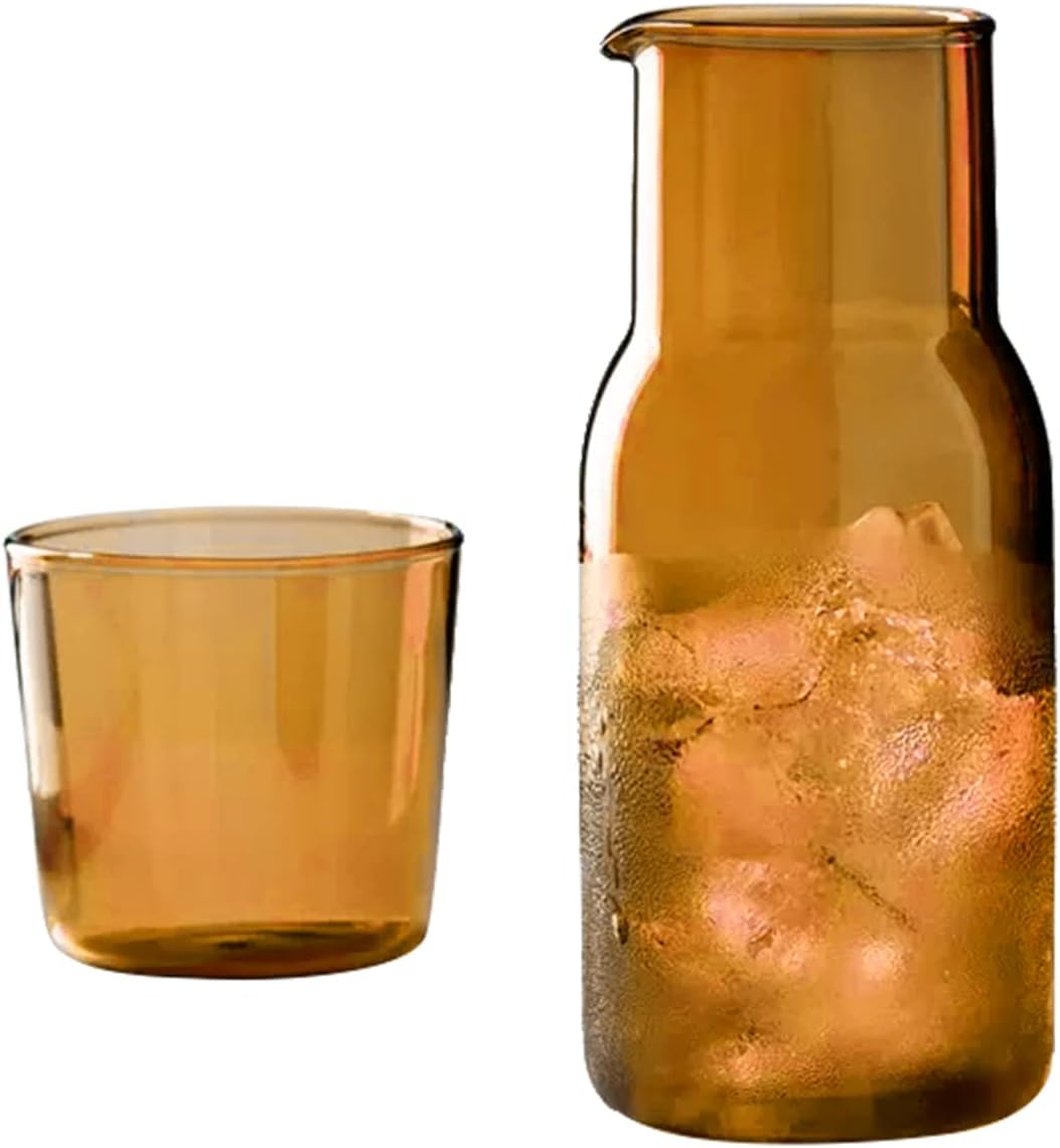 MANMAOHE Juego de jarra de agua y vidrio marrón de 17 onzas de cristal transparente para mesita de noche, jarra de agua nocturna con vaso de vidrio