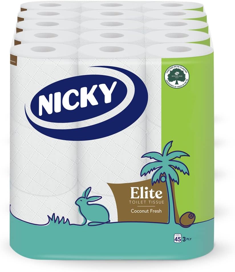 Nicky Elite Coconut Fresh – Papel higiénico con 45 rollos de papel higiénico blanco, 168 hojas por rollo, 3 capas, aroma exótico de coco, suavidad y