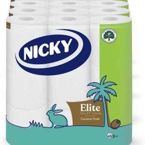 Nicky Elite Coconut Fresh – Papel higiénico con 45 rollos de papel higiénico blanco, 168 hojas por rollo, 3 capas, aroma exótico de coco, suavidad y Nicky Elite Coconut Fresh – Papel higiénico con 45 rollos de papel higiénico blanco, 168 hojas por rollo, 3 capas, aroma exótico de coco, suavidad y