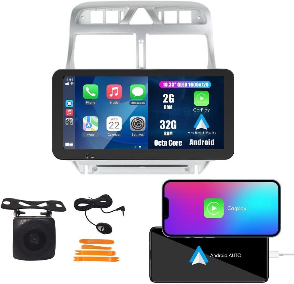 Kunfine Coche CarPlay Android Navegación Automática Estéreo GPS Radio Reverse Cámara Pantalla 10.33 “QLED Pantalla Táctil Headunit Tablet Pad Media