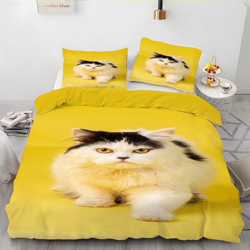 Funda de edredón de vaca amarilla, gato California King, funda de edredón con estampado de animales, funda de edredón de microfibra suave y 2 fundas