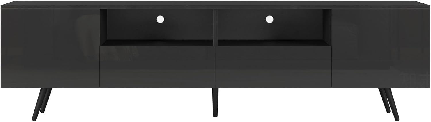 Moderno soporte de TV LED para TV de hasta 55, 60, 65 pulgadas, centro de entretenimiento de alto brillo con cajón y estantes abiertos, gabinete de