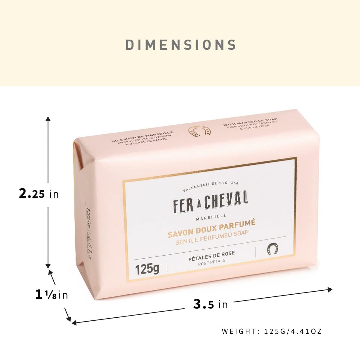 Fer à Cheval – Barra de jabón perfumado con pétalos de rosa, 4.41 oz (paquete de 2)  Suave hidratante natural, aceite de argán y manteca de karité