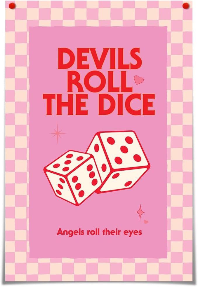 Bittiler Pósteres retro rosados de los diablos enrollados con los dados, números de la suerte, 6 lienzos, impresiones artísticas coloridas y lindas
