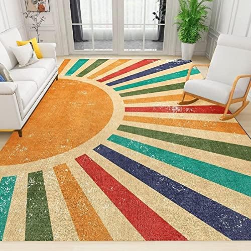 Alfombra vintage bohemia con diseño de arco iris, rayas geométricas medievales, lavables a máquina, con antideslizante, fácil de limpiar, para sala