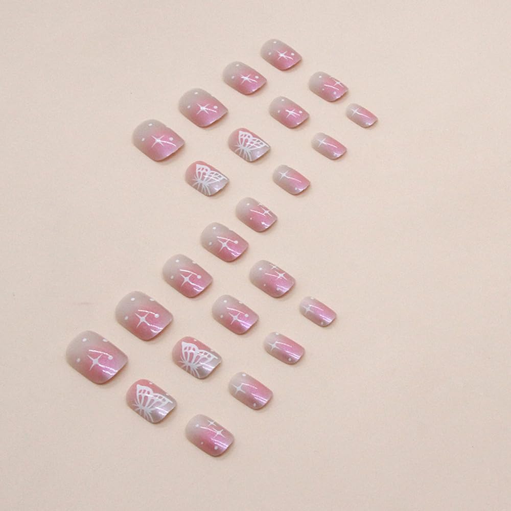 24 uñas postizas cuadradas cortas a presión, color rubor, degradado, con diseño de mariposa, uñas postizas de cobertura completa, uñas postizas a