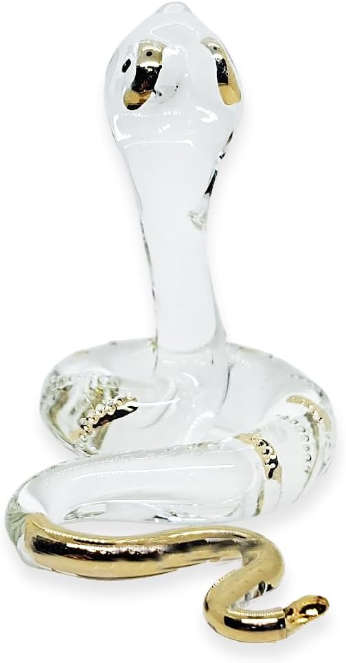 Pequeña figura de serpiente de cristal con cabeza de elevación de oro transparente de 2 pulgadas de largo, arte de animales coleccionables,