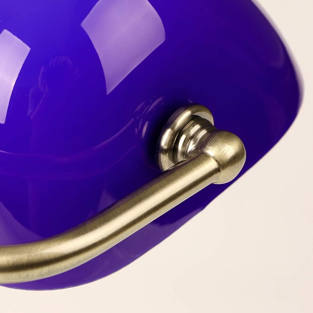 FIRVRE Lámpara de escritorio de cristal azul brillante ejecutiva lámpara de mesa base de acabado bronce con interruptor de cadena de tracción E26