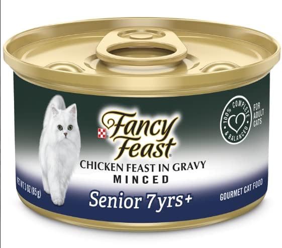Fancy Feast – Alimento húmedo para gatos con alto contenido de proteínas, pollo picado en salsa para personas mayores, paquete de 12 latas (3 onzas)