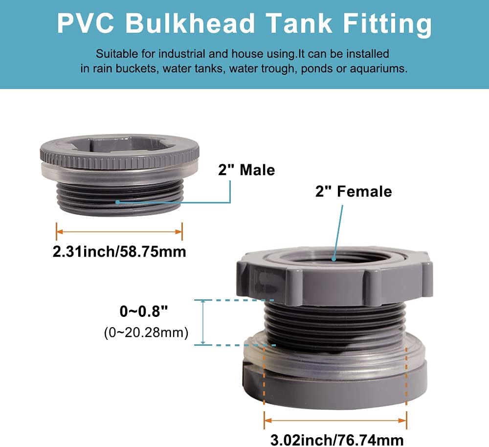Ququyi Adaptador de conector de tanque de agua de PVC de 2 pulgadas con tapones a granel para barriles de lluvia, acuarios, estanques (juego de 1)
