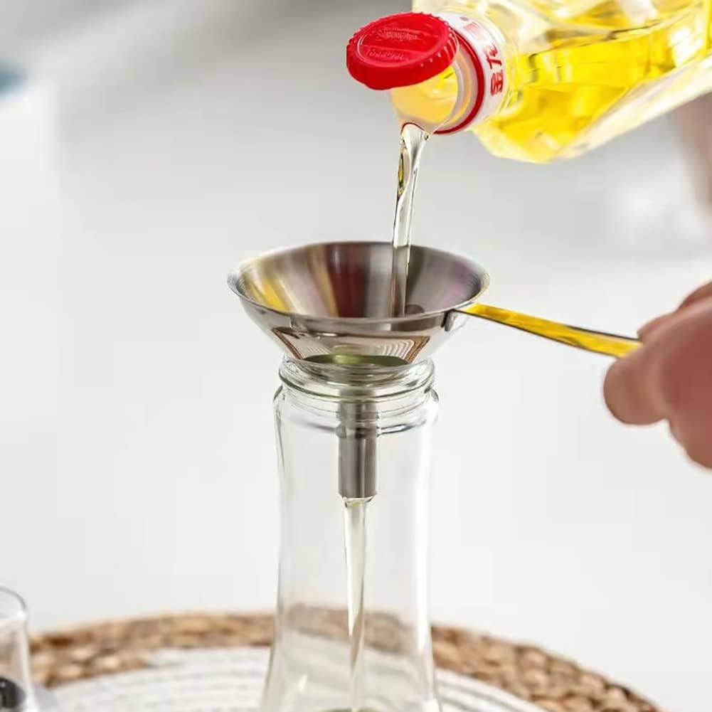 Juego de 3 mini embudos de acero inoxidable, embudos de metal para cocina, embudos sin derrames, con mango largo para transferir líquidos de aceite