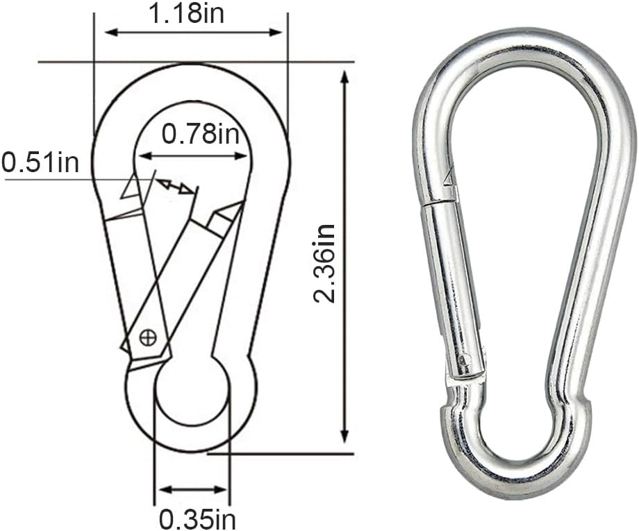 Clips de mosquetón, 10 mosquetones de llavero de acero inoxidable de 2.36 pulgadas. Clips de mosquetón pequeños, gancho de resorte a presión, clips