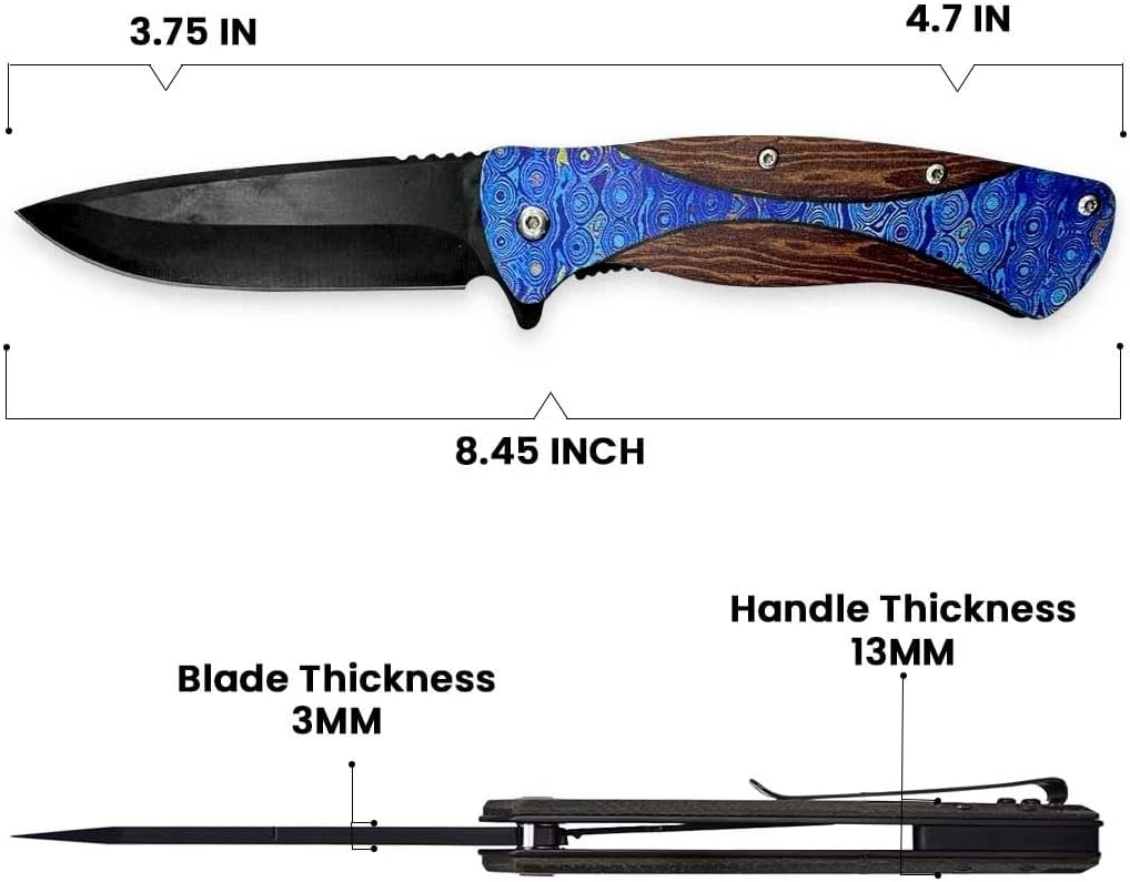 D9 Tactical Cuchillo de bolsillo plegable, cuchillo asistido por resorte con bloqueo de forro y agujero para cordón, mango impreso EDC cuchillo para
