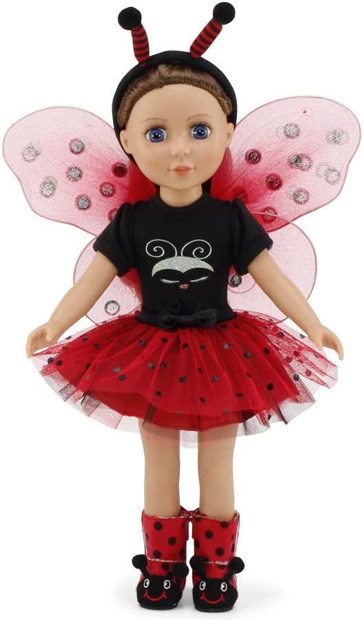 Emily Rose Ropa de muñeca de 14 pulgadas  Magical Lady Bug 5 piezas 14.5 pulgadas muñeca disfraz de Halloween traje con alas extraíbles, diadema de