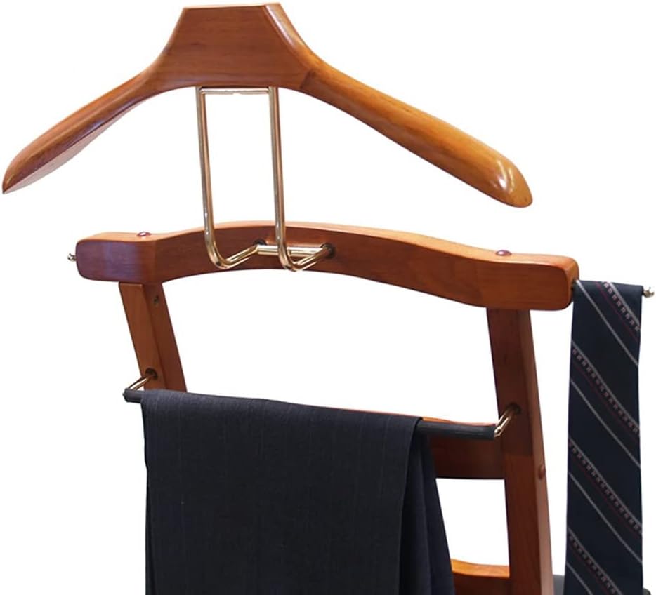 Soporte de madera para silla de valet con cajón, estante de ropa independiente con barra de pantalones y barra de corbata, soporte de valet para