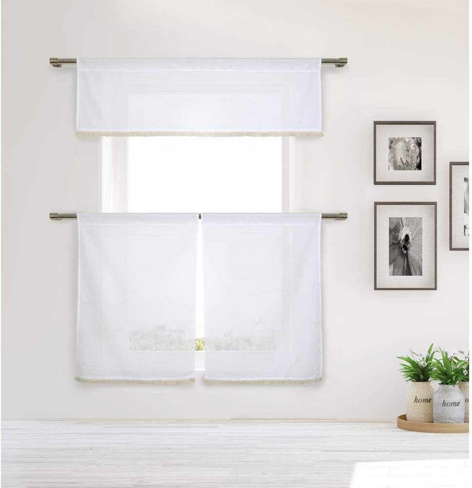 Tessie – Juego de cenefa y cenefa de cocina con borde de borlas de lino natural  Cortina de ventana pequeña para cafetería, baño, lavandería,