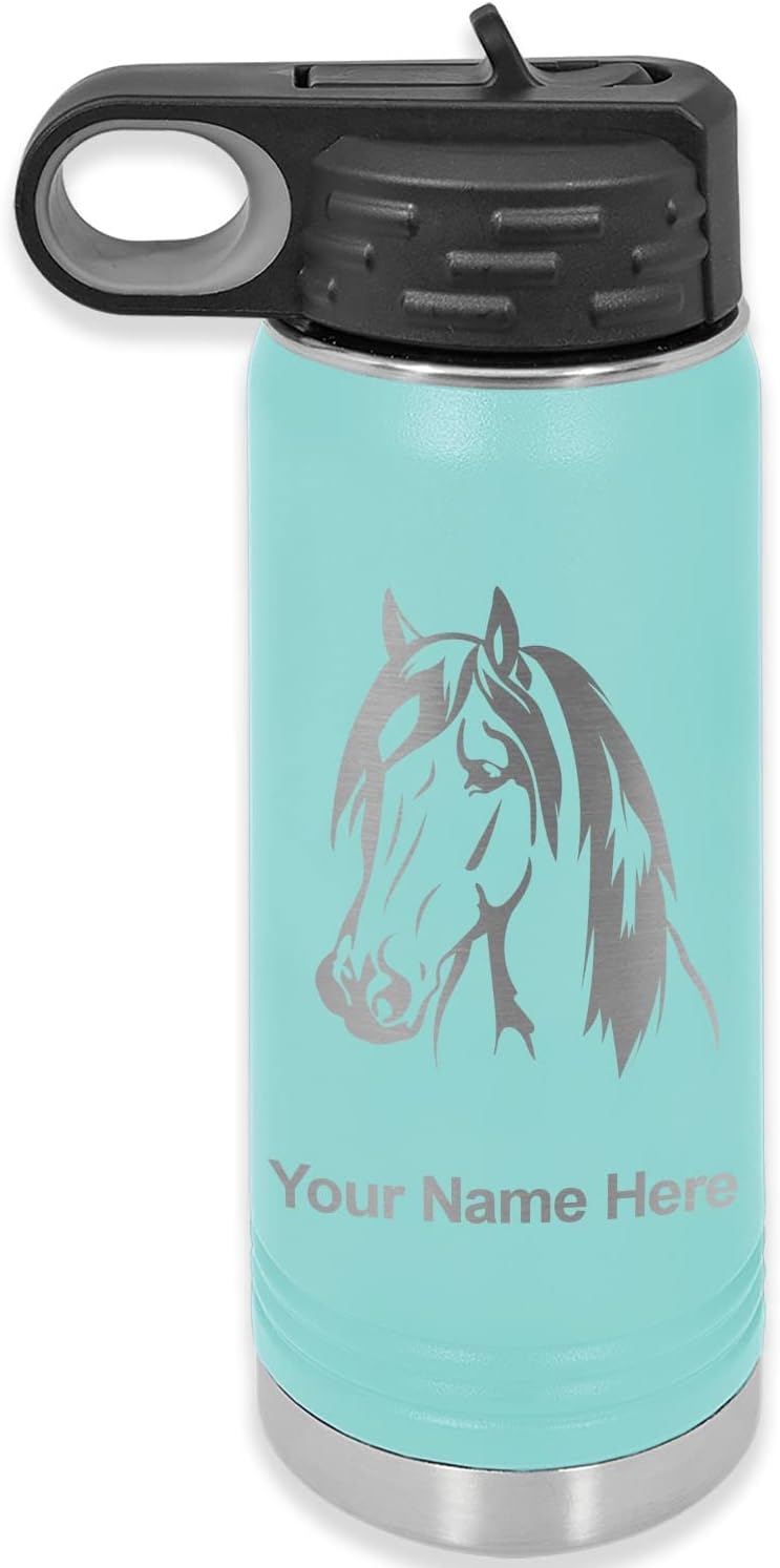 LaserGram Botella de agua de doble pared con tapa abatible de 20 onzas con pajilla, cabeza de caballo 1, grabado personalizado incluido (verde