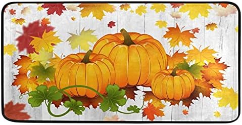 Alfombra de cocina de otoño con diseño de calabazas y hojas de Acción de Gracias, otoño, arce, textura de madera, tapete antideslizante para puerta