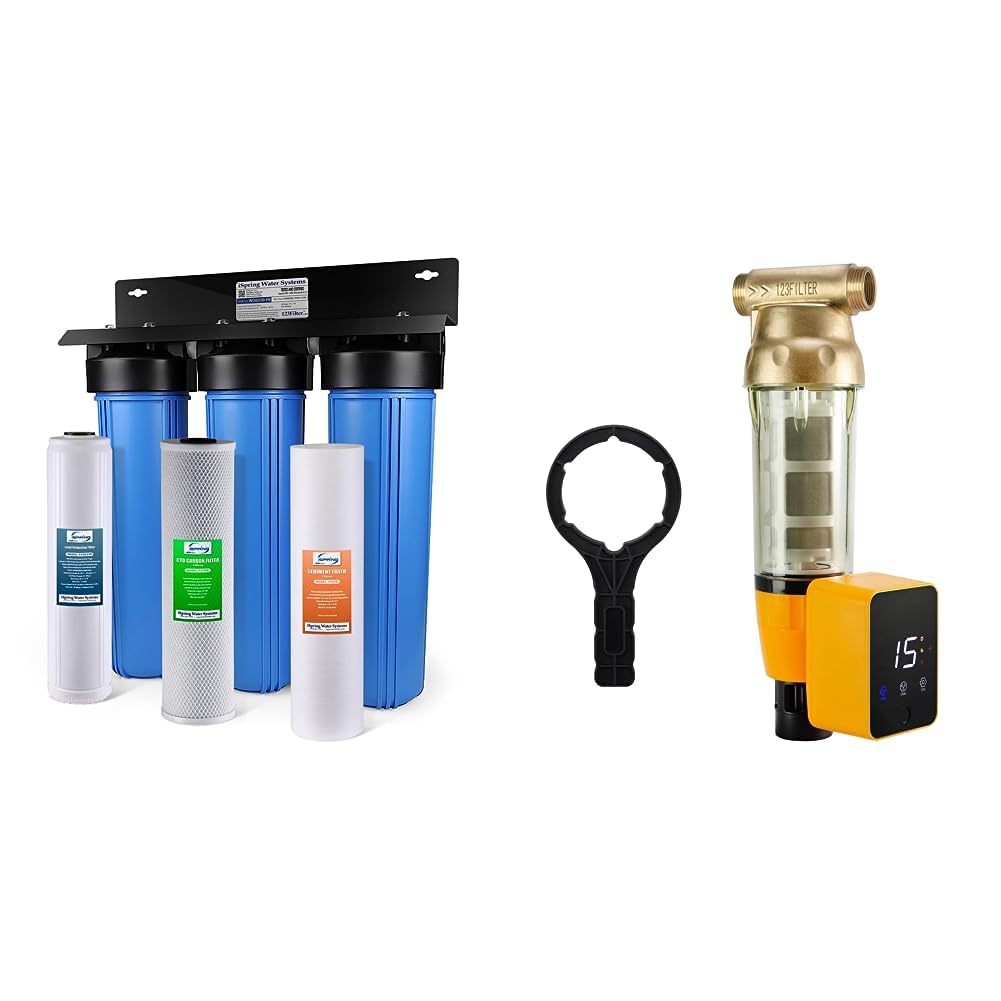 iSpring Sistema de filtro de agua para toda la casa y filtro de agua de sedimentos giratorio WSP50ARB, reutilizable con módulo de descarga