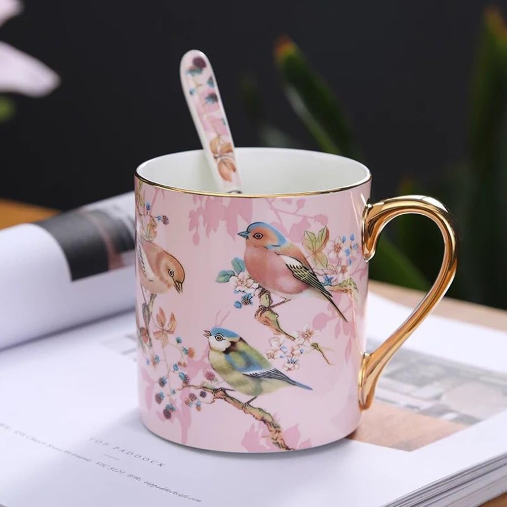 Taza de café de porcelana de porcelana para el hogar, cocina, oficina, patrones de pájaros (rosa)