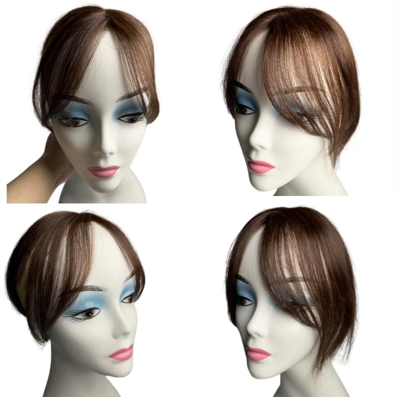 Extensiones de cabello humano natural con flequillo, parte media, fleco lateral para mujer, extensiones invisibles de cabello humano (marrón oscuro)