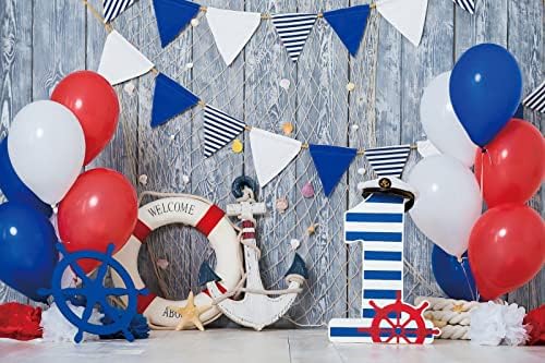 Yeele Telón de fondo de 10 x 6.5 pies para niño de primer cumpleaños, globos azules, blancos y rojos, ancla de madera para fotografía, tema náutico