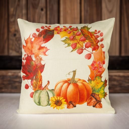 Fundas de almohada decorativas de otoño de 18 x 18 pulgadas, calabazas, hojas de arce, casa de campo, lino otoñal, fundas de almohada para el hogar,