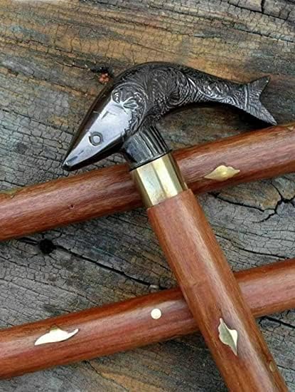 Paramount Nautical Store – Bastones de latón victoriano con mango de cabeza de pez de madera antigua, bastones náuticos, regalo de bastones antiguos
