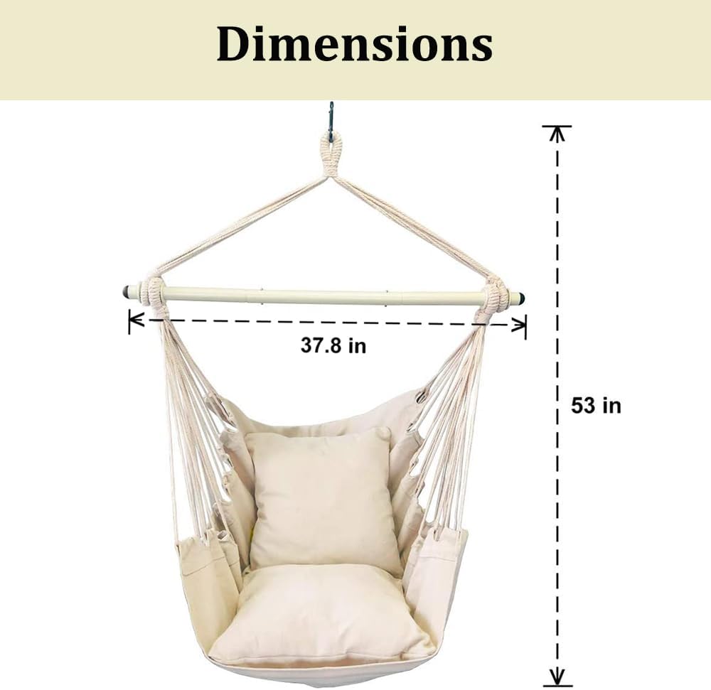 Silla de hamaca colgante con cuerda, silla colgante de lona gruesa que incluye 2 cojines de asiento, máximo 500 libras, hamaca columpio con barra de