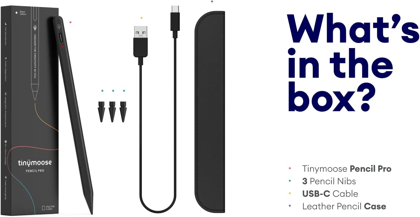 Tinymoose Pencil Pro Black Edition Active Stylus Pen para iPad (2018-2022), iPad Pro 1112.9, iPad 6789, iPad Mini 56, iPad Air 345 (edición negro)