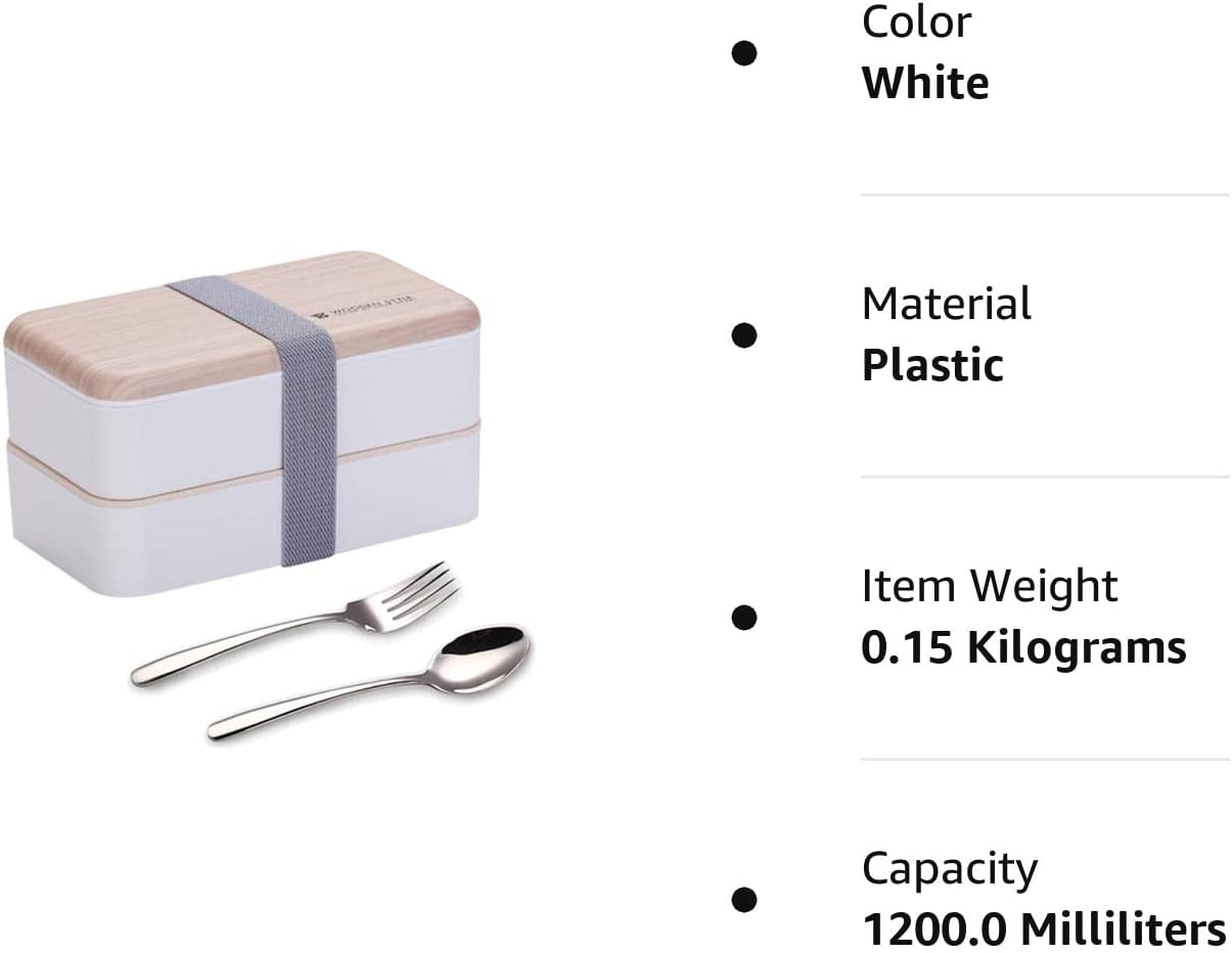 Lonchera Bento original estilo japonés de 2 capas con utensilios, cuchara y tenedor, divisor para ensalada para hombres y mujeres (blanco)