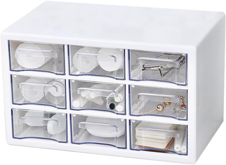 Buwico Organizador de escritorio con mini cajones, almacenamiento de plástico de tres cajones con 9 cajones, organizador de escritorio pequeño para