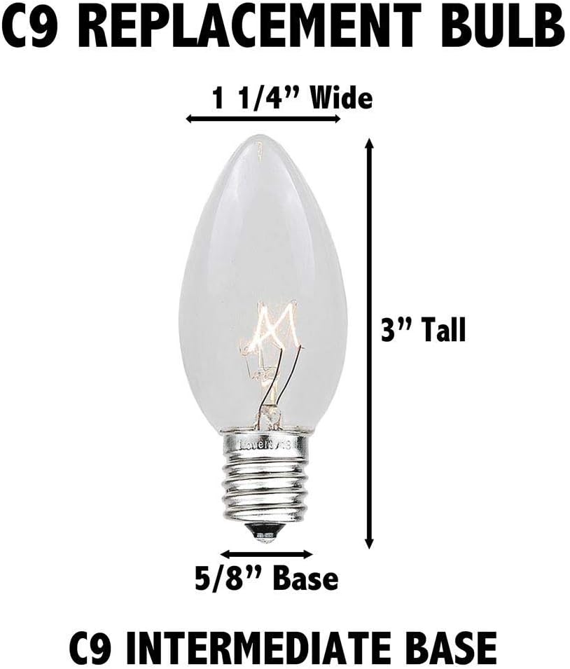 Novelty Lights Paquete de 25 bombillas de repuesto de cerámica C9 para exteriores, multicolor, base intermedia E17C9, 7 W