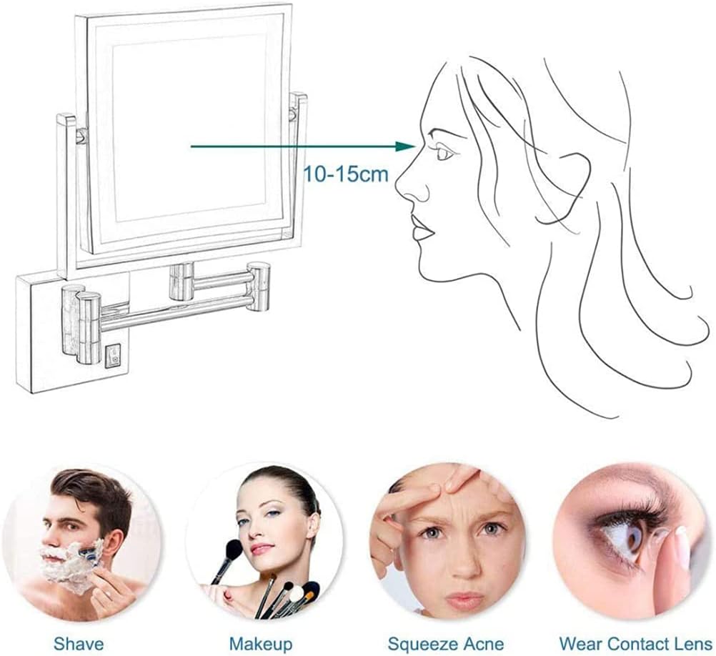 Espejo de maquillaje montado en la pared con luces y aumento 3X, espejo de tocador cuadrados de doble cara de 8 pulgadas con brazo extensible,