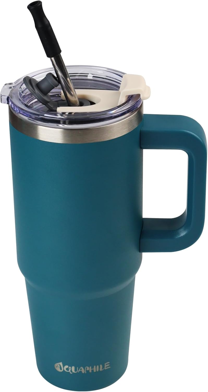 AQUAPHILE Vaso aislado de 30 onzas con asa, taza de viaje de acero inoxidable con tapa y pajita, vaso de café portátil a prueba de fugas de doble